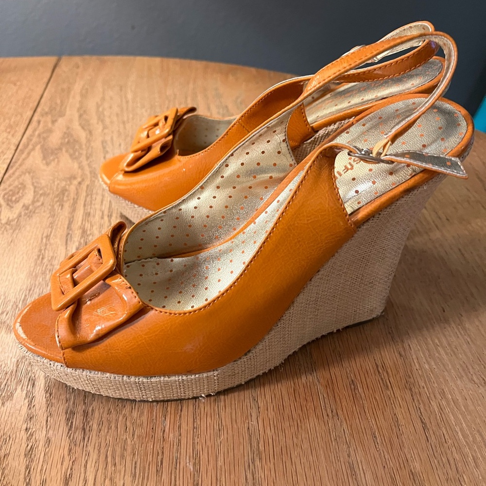 Classified Orange Peep-Toe Slingback Wedge Sandals with Buckle Accent